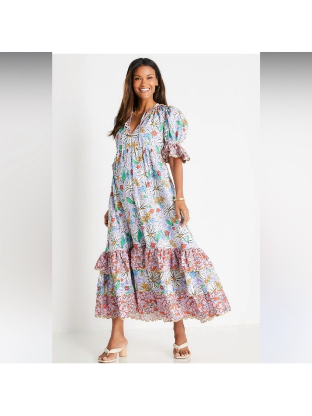 Celia B Brenda Maxi Floral Dress S Tie Front Tiered Ruffle Mixed Print Colorful